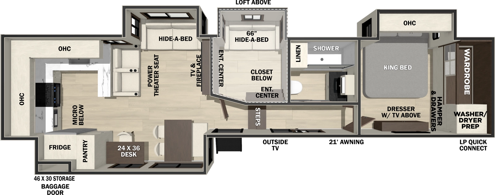 The Cedar Creek 39RKB floorplan has one entry and four slide outs. Exterior features include: fiberglass exterior and 21' awning. Interiors features include: loft, rear kitchen, free-standing dinette option and front bedroom.